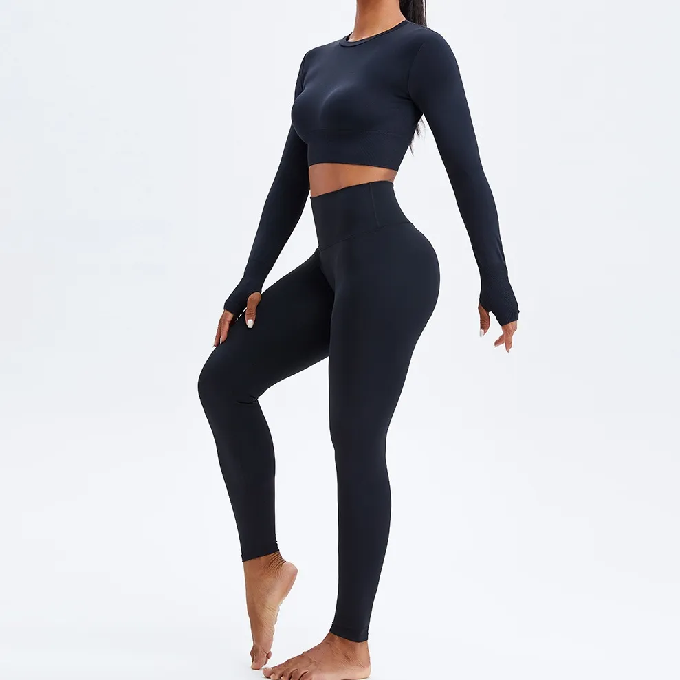 2点セット 多色展開 ハイウエスト シンプル 運動向き 吸収速乾 ヨガセット