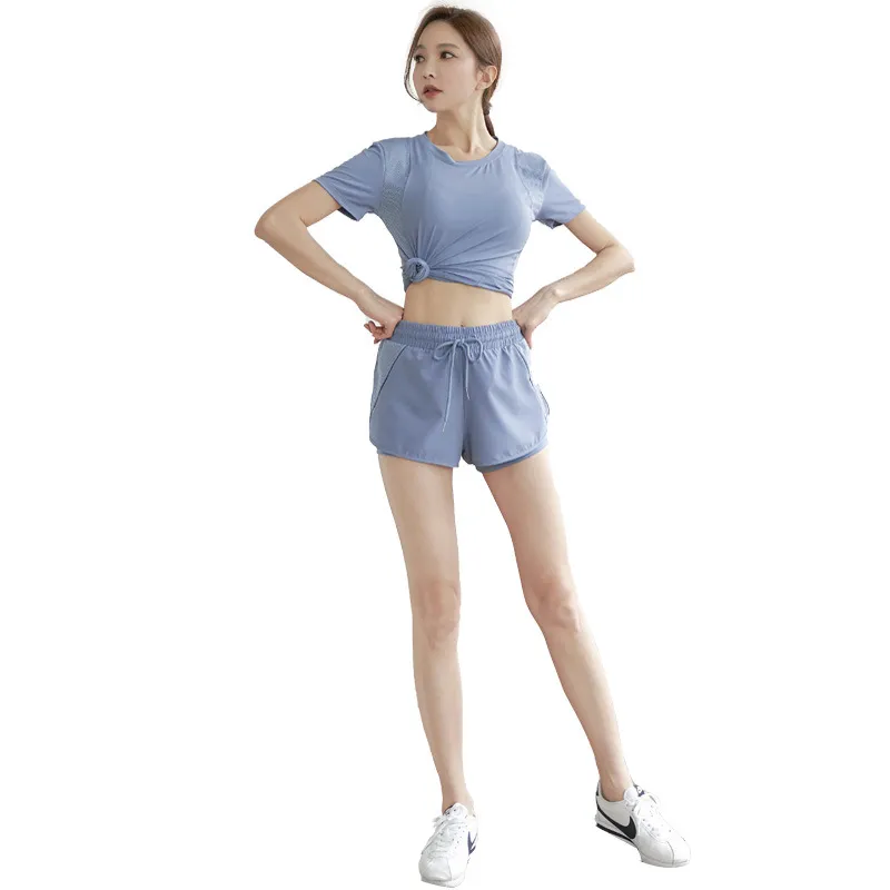 ２点セット シンプル スリム ストレッチ 半袖 吸汗速乾 ジョギング ヨガセット