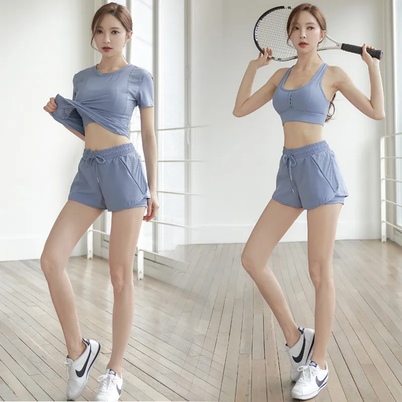 ２点セット シンプル スリム ストレッチ 半袖 吸汗速乾 ジョギング ヨガセット