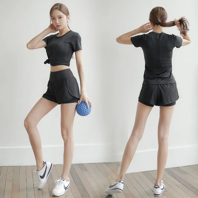 ２点セット シンプル スリム ストレッチ 半袖 吸汗速乾 ジョギング ヨガセット