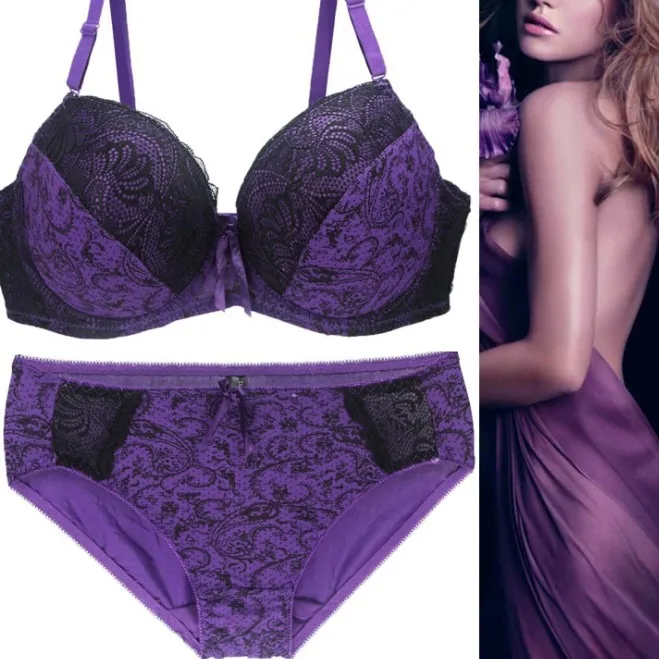 （B-Eカップ）セクシー レース プリント ワイヤー入り 大きいサイズ ブラ・ショーツセット