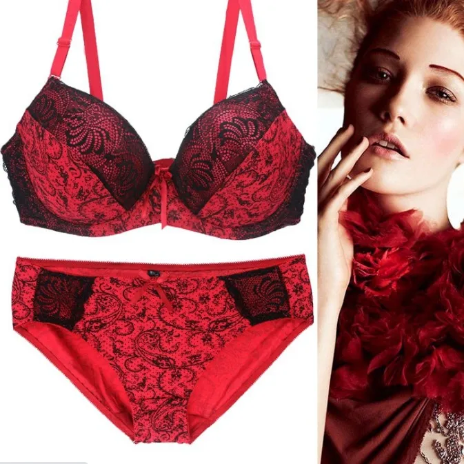 （B-Eカップ）セクシー レース プリント ワイヤー入り 大きいサイズ ブラ・ショーツセット