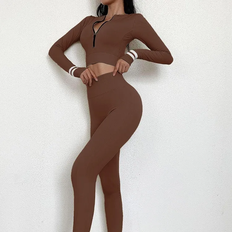 ２点セット フェミニン 長袖 ジッパー スポーツ タイト 伸縮性のある ヨガセット