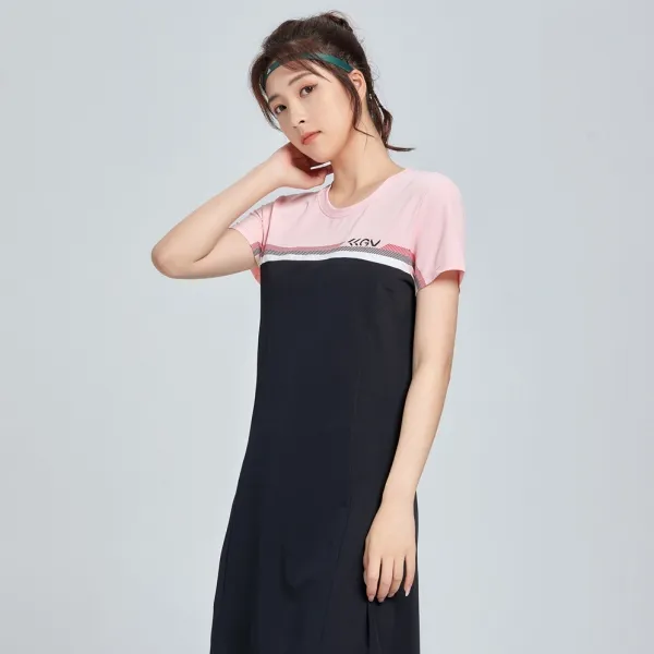 配色 ストライプ柄 切り替え ストレートスカート ラウンドネック スポーツウエア ヨガセット