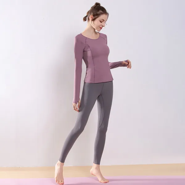 通気性に富む  切り替え ヨガウェア  ラウンドネック  無地  2点セット スポーツセット