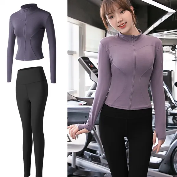 ヨガ・ジム 無地  切り替え  ハーフネック  ジッパー  スポーツセット