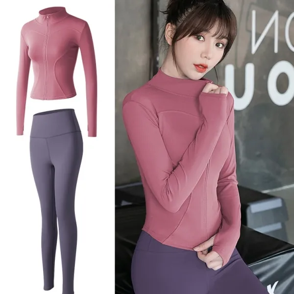 ヨガ・ジム 無地  切り替え  ハーフネック  ジッパー  スポーツセット
