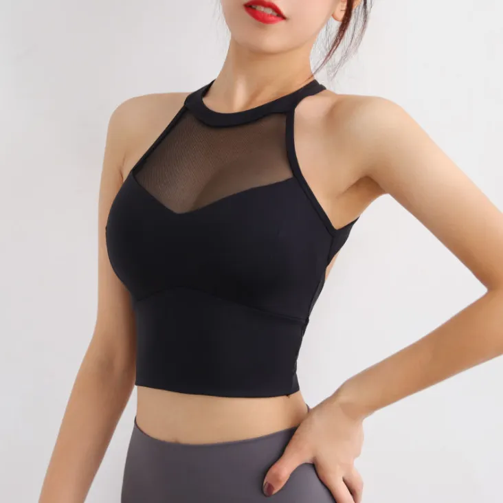 セクシー 交差 透かし彫り 背中魅せ スポーツ メッシュ 切り替え 通気性良い ヨガブラ