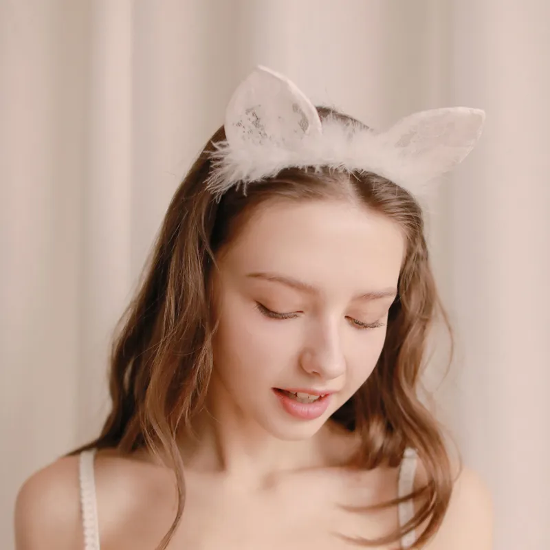 スウィート 可愛い猫耳 フェザー  ふわふわ レース レトロ 飾り カチューシャ