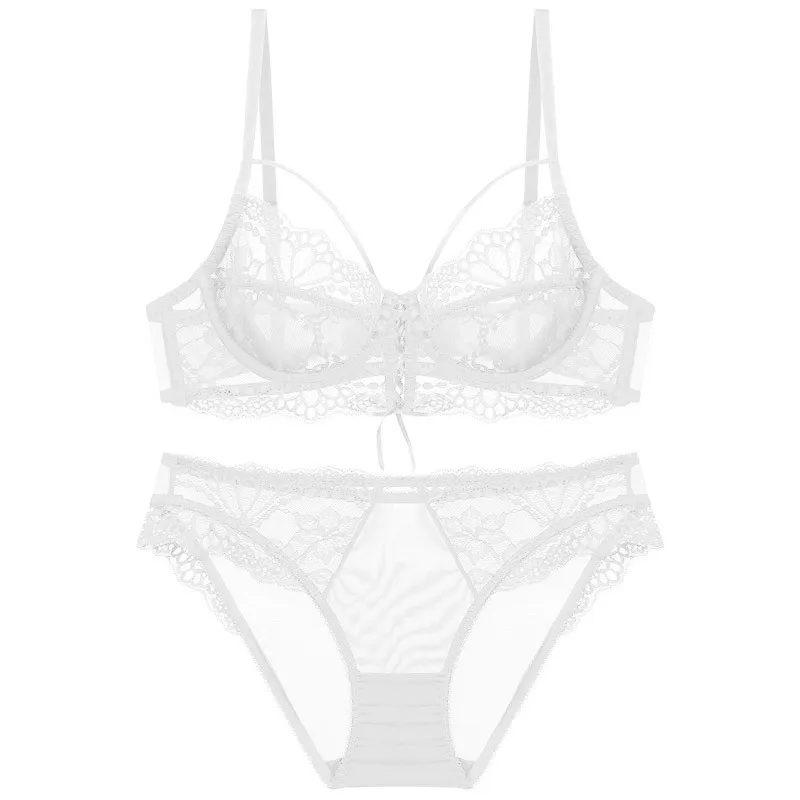 スウィート レース 超薄め 透け透け ワイヤー入り A-Eカップ リボン付き ブラ・ショーツセット
