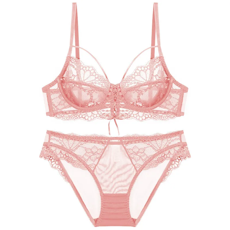 スウィート レース 超薄め 透け透け ワイヤー入り A-Eカップ リボン付き ブラ・ショーツセット