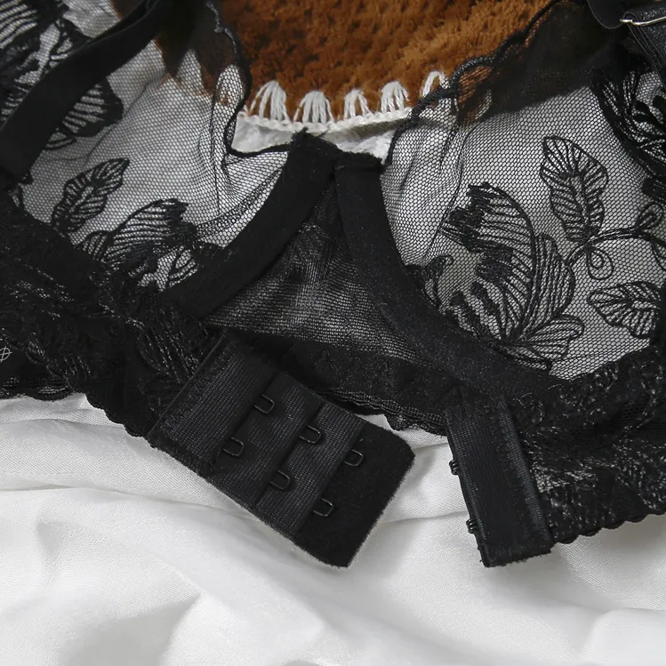 フランス式 超薄め メッシュ 刺繡 ワイヤー入り A-Cカップ 脇高 レース 美胸 ブラ・ショーツセット