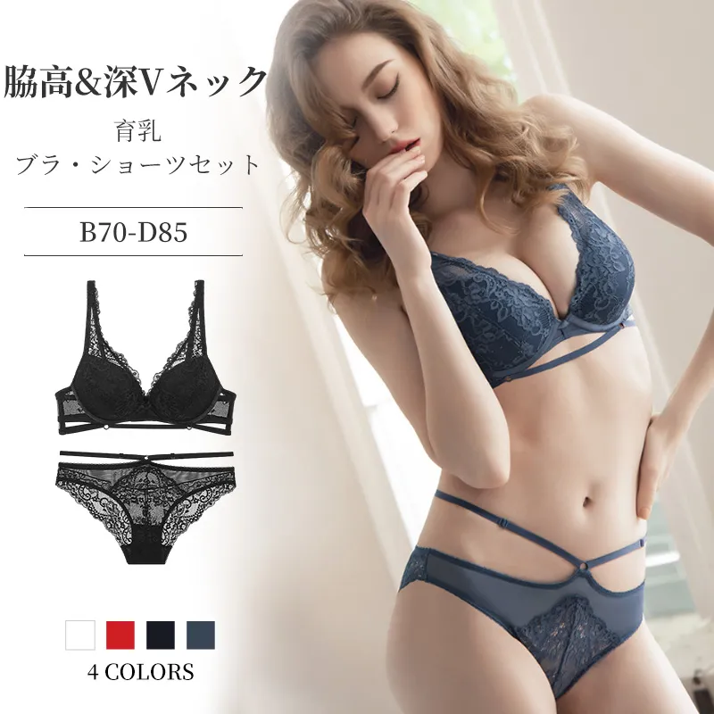 フランス レース 透かし彫り ワイヤー入り B-Dカップ 中心に寄せ 薄手 谷間メイク ブラ・ショーツセット