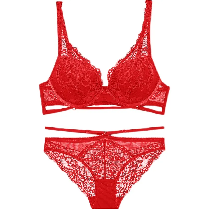 フランス レース 透かし彫り ワイヤー入り B-Dカップ 中心に寄せ 薄手 谷間メイク ブラ・ショーツセット