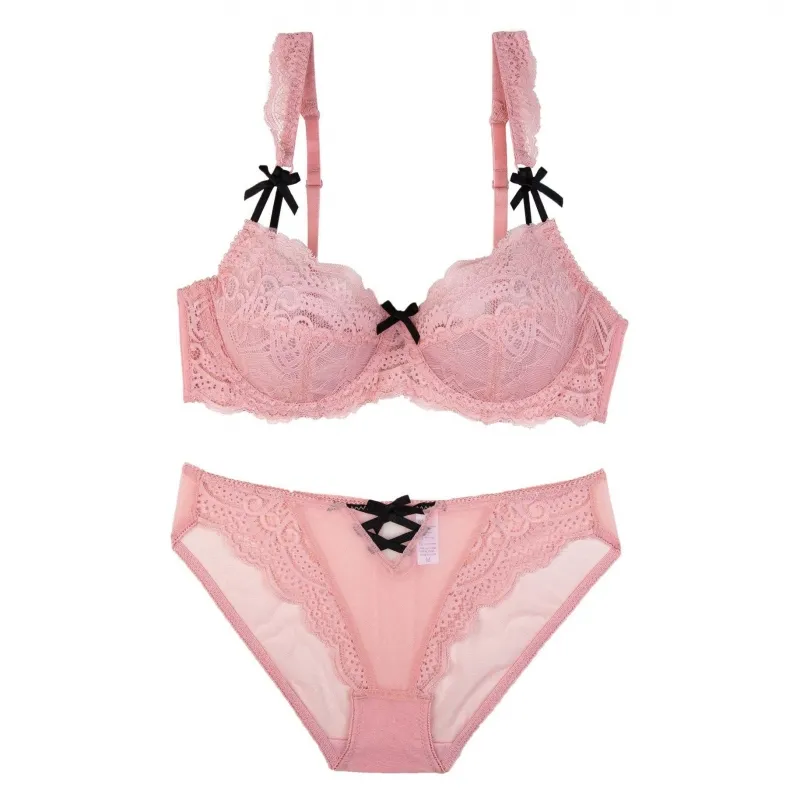 女性大人気 切り替え レース リボン A-Dカップ フェミニン 美谷間 ワイヤー入り ブラ・ショーツセット