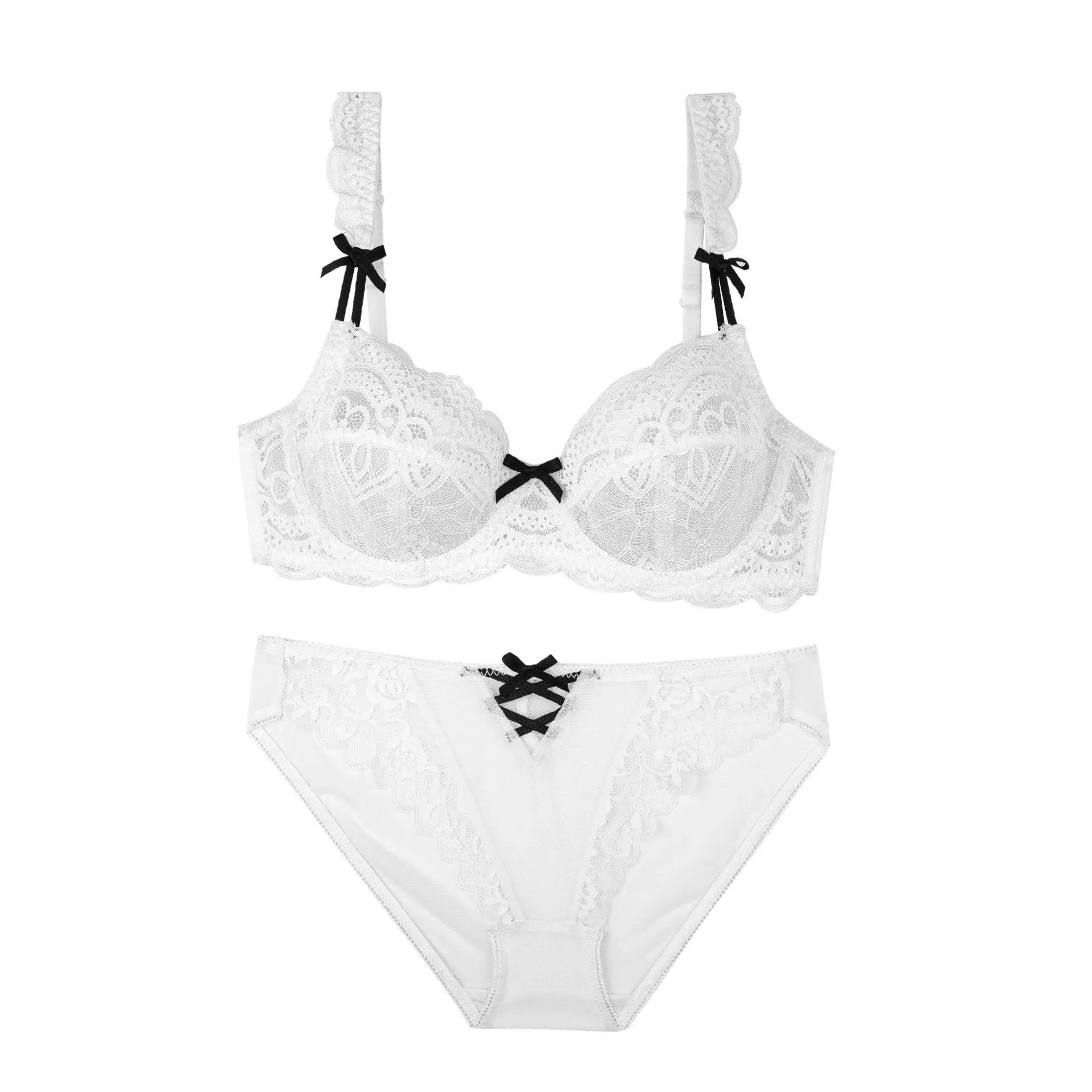 女性大人気 切り替え レース リボン A-Dカップ フェミニン 美谷間 ワイヤー入り ブラ・ショーツセット