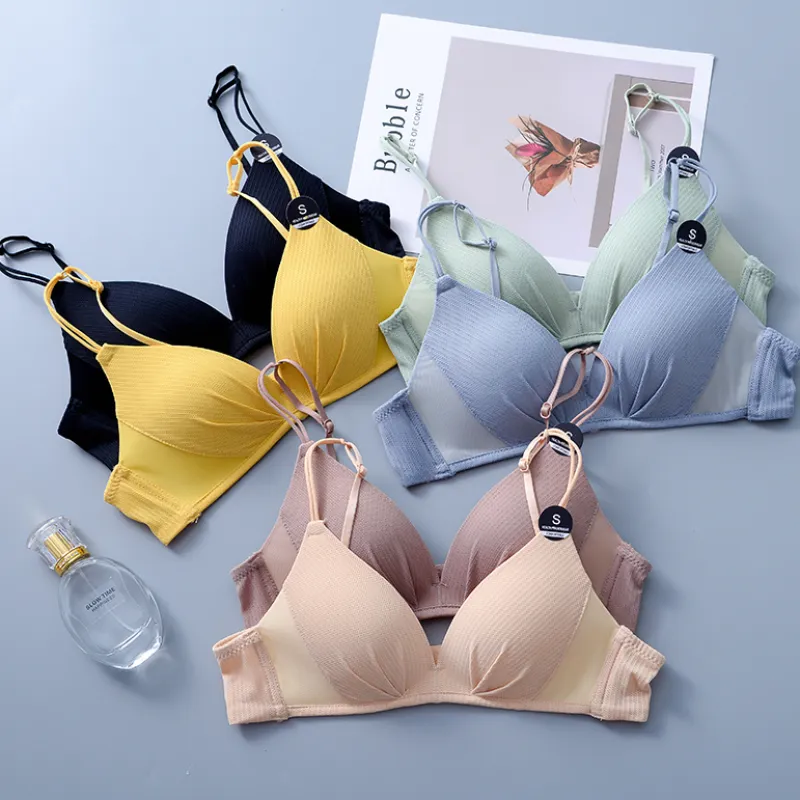 （A-Cカップ）清新 無地 セクシー 切り替え ノンワイヤー ブラ・ショーツセット
