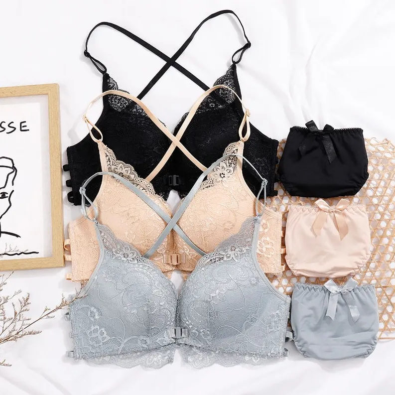 セクシー レース 脇高 フロントホック A-Cカップ ノンワイヤー 脇スッキリ ブラ・ショーツセット