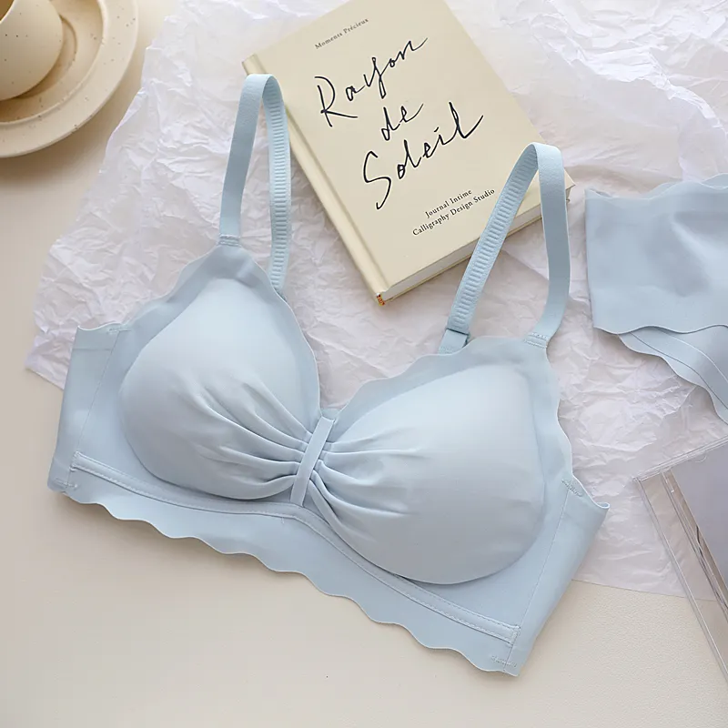 シンプル リボン ギャザー つけ心地 ノンワイヤー A-Cカップ シームレス ブラ・ショーツセット
