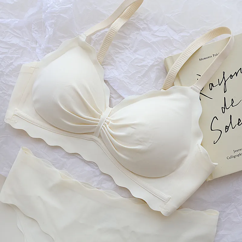 シンプル リボン ギャザー つけ心地 ノンワイヤー A-Cカップ シームレス ブラ・ショーツセット