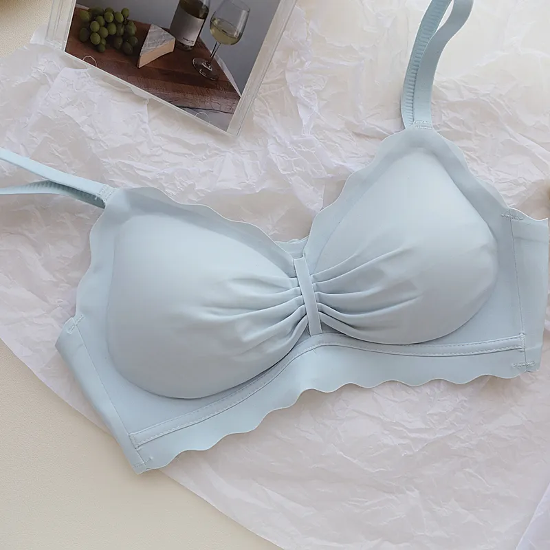 シンプル リボン ギャザー つけ心地 ノンワイヤー A-Cカップ シームレス ブラ・ショーツセット