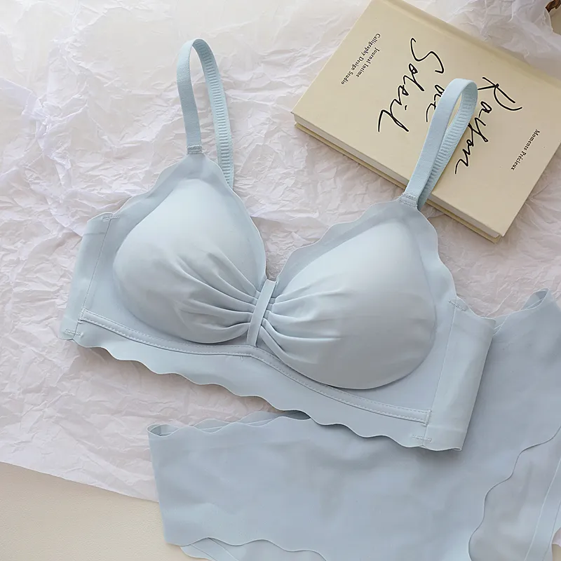 シンプル リボン ギャザー つけ心地 ノンワイヤー A-Cカップ シームレス ブラ・ショーツセット