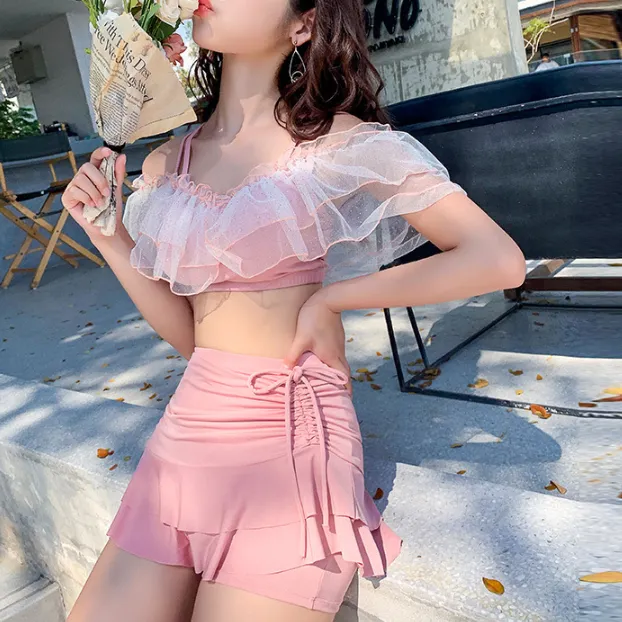 プルオーバー 切り替え ボウタイ 無地 タンキニ水着