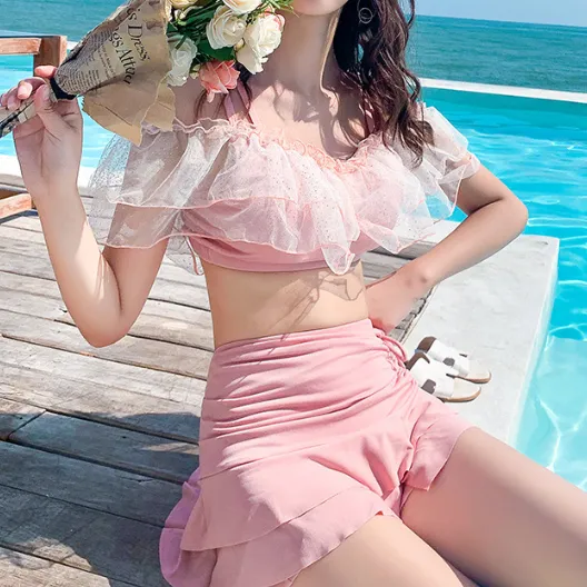 プルオーバー 切り替え ボウタイ 無地 タンキニ水着