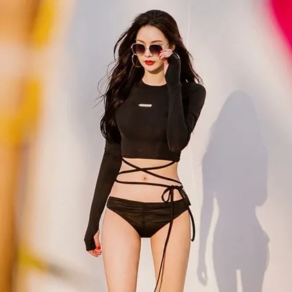 おしゃれ度高め セクシー 通気良い ボウタイ 無地 ローウエスト 長袖 タンキニ水着