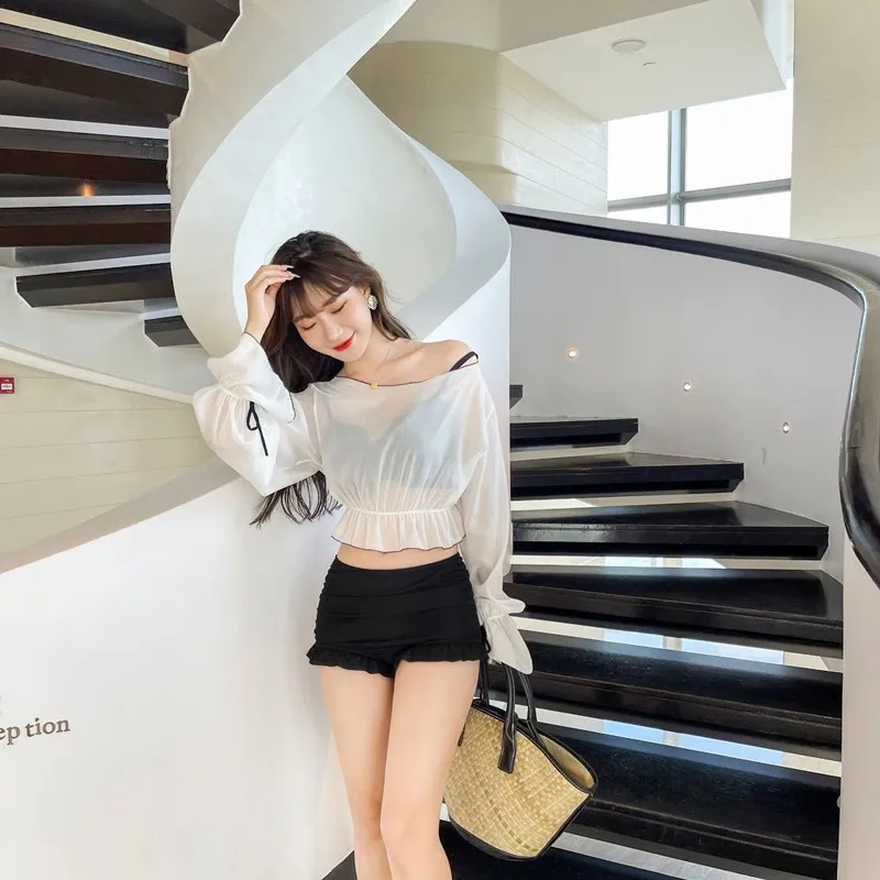 三点セット 体型カバー 着瘦せ 露出控え 日焼け止め 清新 韓国系 タンキニ 可愛い 温泉 プール ビキニ