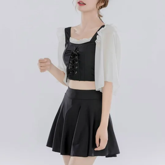 スウィート メッシュ 切り替え ボウタイ 体型カバー フリルスリーブ タンキニ ビキニ