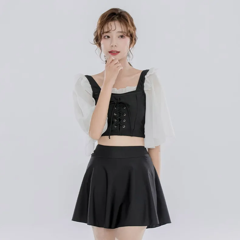 スウィート メッシュ 切り替え ボウタイ 体型カバー フリルスリーブ タンキニ ビキニ