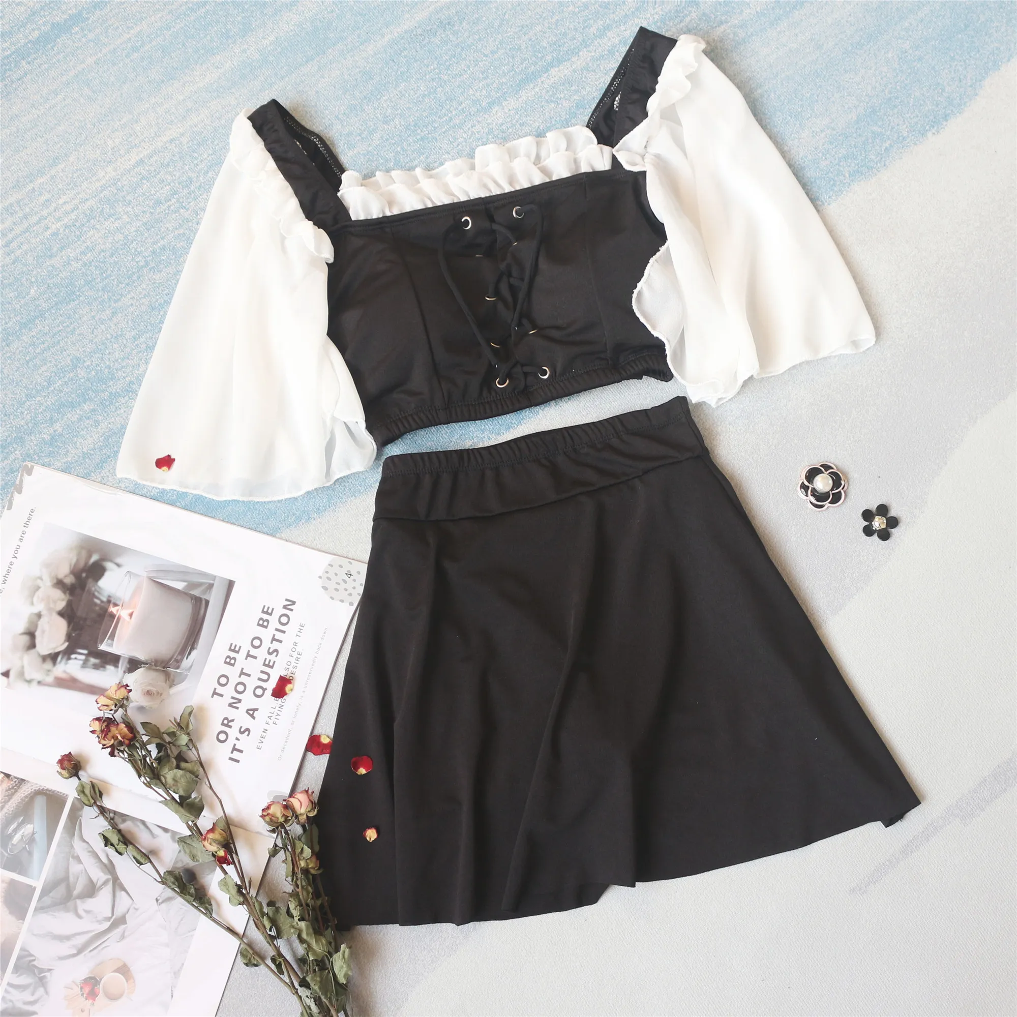 スウィート メッシュ 切り替え ボウタイ 体型カバー フリルスリーブ タンキニ ビキニ