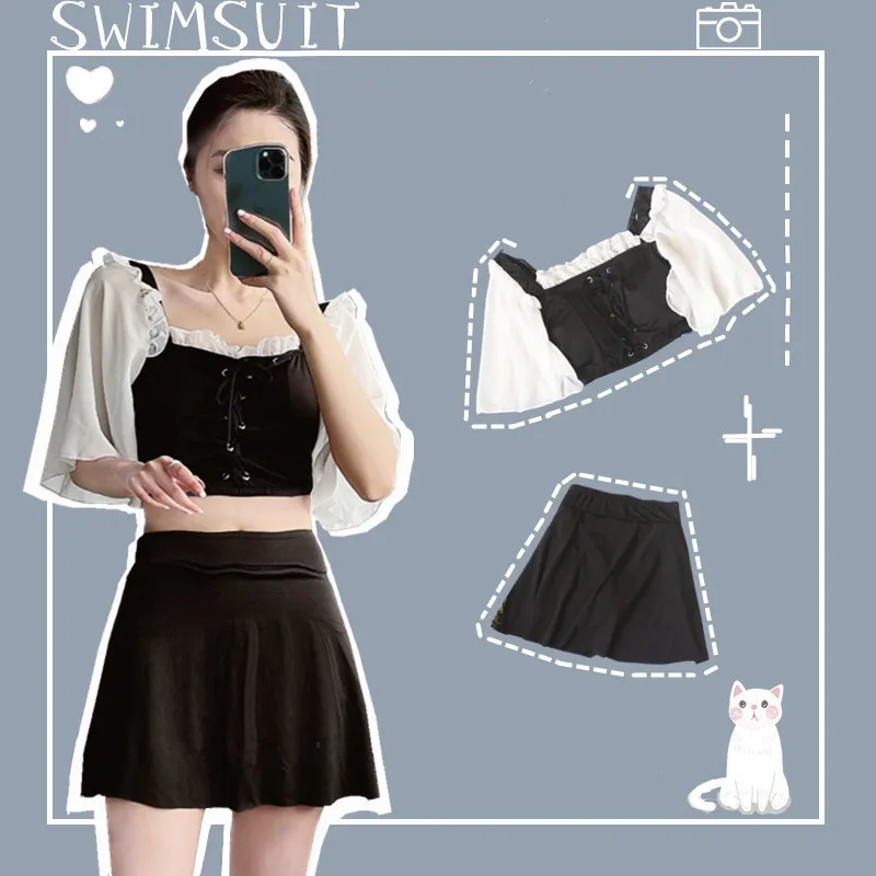 スウィート メッシュ 切り替え ボウタイ 体型カバー フリルスリーブ タンキニ ビキニ