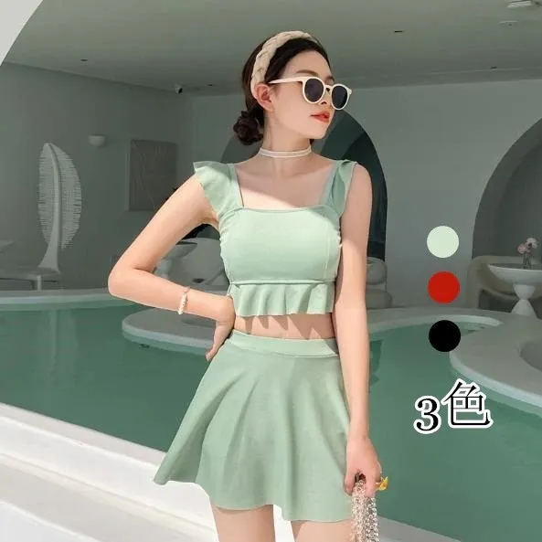 可愛いデザイン 高校生 フリル袖 体型カバー タンキニ 夏 無地 スクエアネック ビキニ