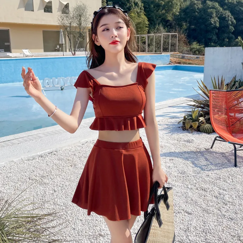 可愛いデザイン 高校生 フリル袖 体型カバー タンキニ 夏 無地 スクエアネック ビキニ