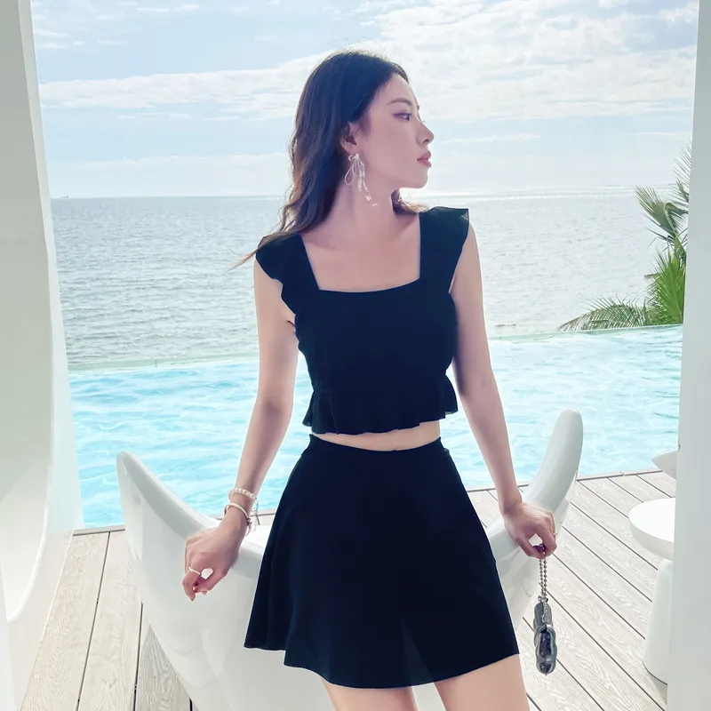 可愛いデザイン 高校生 フリル袖 体型カバー タンキニ 夏 無地 スクエアネック ビキニ