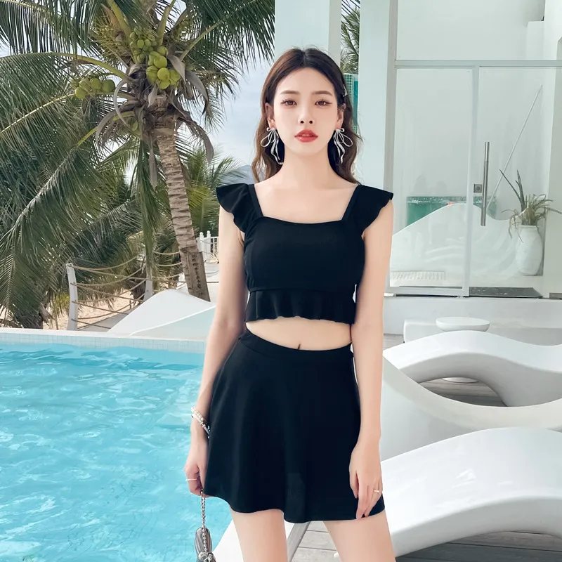 可愛いデザイン 高校生 フリル袖 体型カバー タンキニ 夏 無地 スクエアネック ビキニ