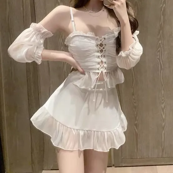 好感度UP ボウタイ メッシュ 体型カバー オープンショルダー スウィート ワンピース 水着