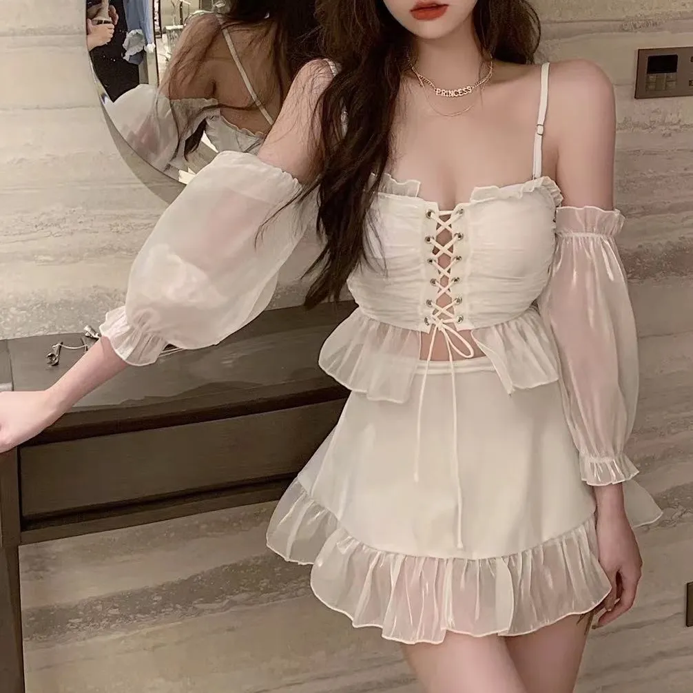 好感度UP ボウタイ メッシュ 体型カバー オープンショルダー スウィート ワンピース 水着