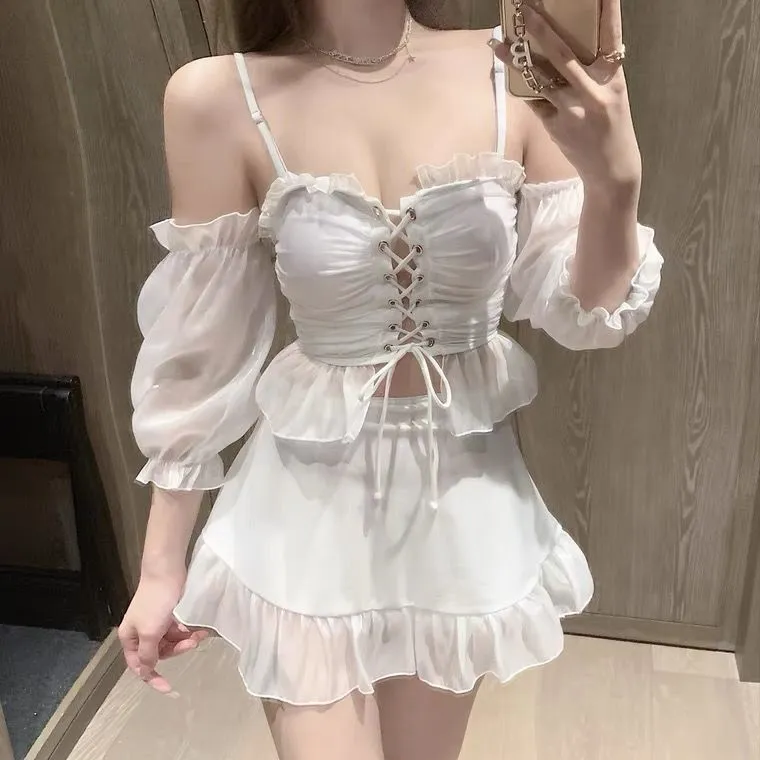 好感度UP ボウタイ メッシュ 体型カバー オープンショルダー スウィート ワンピース 水着