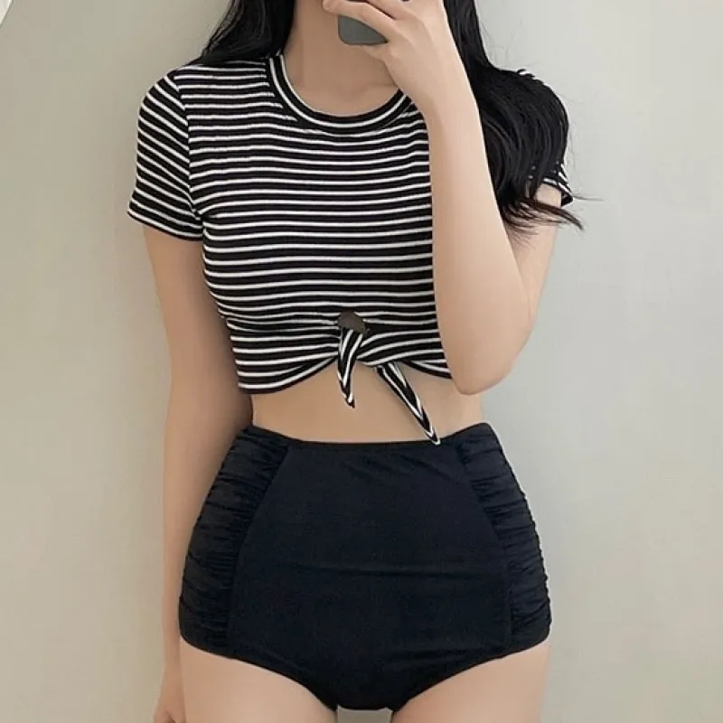 今日マストバイ 体型カバー ボーダー 半袖 ハイウエスト タンキニ 体型カバー ビキニ水着