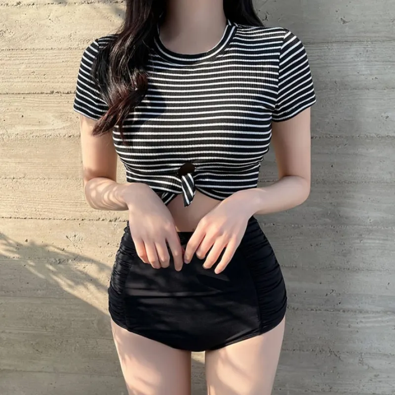 今日マストバイ 体型カバー ボーダー 半袖 ハイウエスト タンキニ 体型カバー ビキニ水着