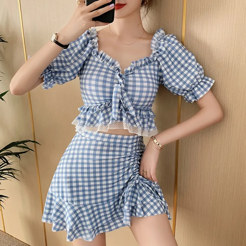 少女いっぱい 高校生 レース 切り替え 体型カバー チェック柄 半袖 ギャザー ビキニ