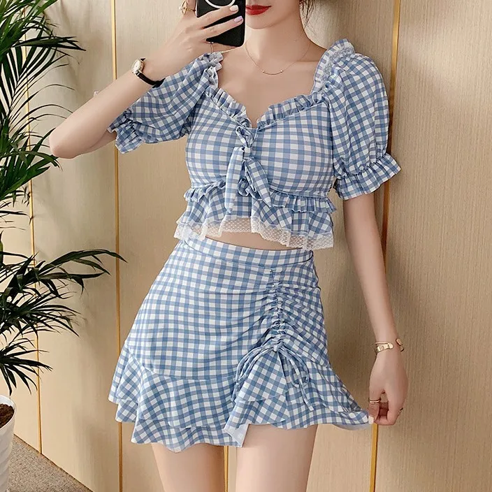 少女いっぱい 高校生 レース 切り替え 体型カバー チェック柄 半袖 ギャザー ビキニ