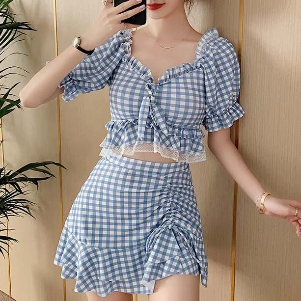 少女いっぱい 高校生 レース 切り替え 体型カバー チェック柄 半袖 ギャザー ビキニ