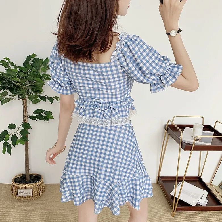 少女いっぱい 高校生 レース 切り替え 体型カバー チェック柄 半袖 ギャザー ビキニ