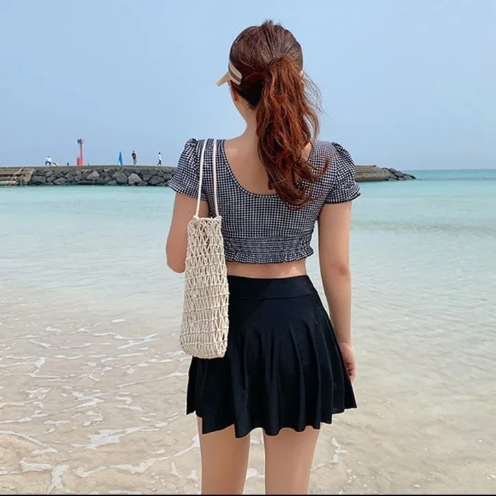 体型カバー ハイウエスト チェック柄 Aライン タンキニ ビキニ