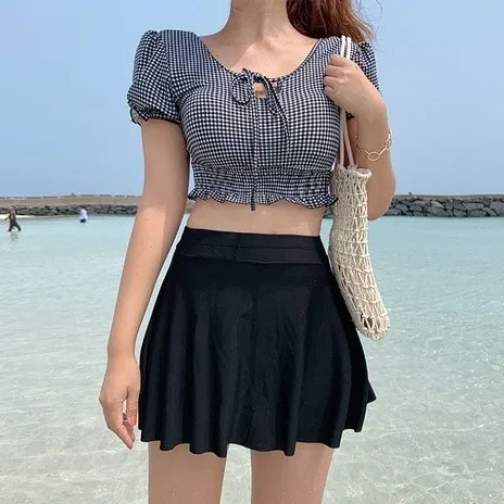 体型カバー ハイウエスト チェック柄 Aライン タンキニ ビキニ