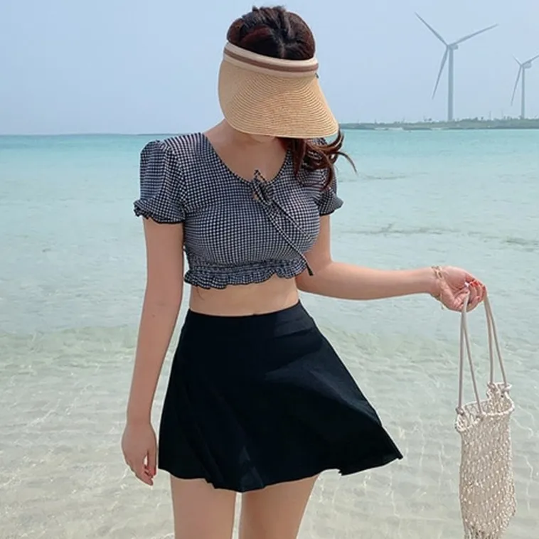 体型カバー ハイウエスト チェック柄 Aライン タンキニ ビキニ